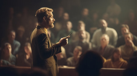 man seminar person stage speaker speech event conference women entertainment black politician. Generative AI.の素材