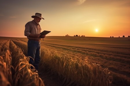 nature man farmer wheat agricultural environment farming field tablet crop technology. Generative AI.の素材