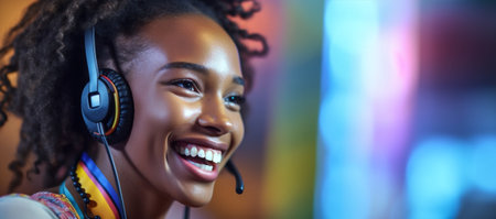 woman smile employee business office secretary communication headset operator service support. Generative AI.の素材