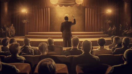 business man speaker conference politician person women speech audience event stage entertainment. Generative AI.の素材