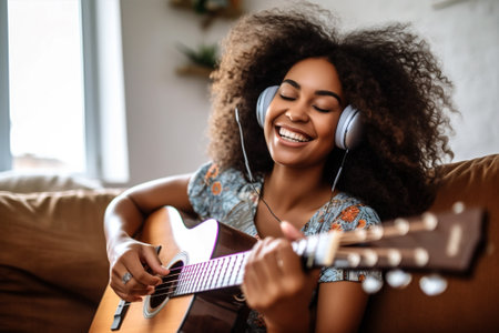 young woman home portrait attractive teen musical beauty teenager lifestyle guitar. Generative AI.の素材