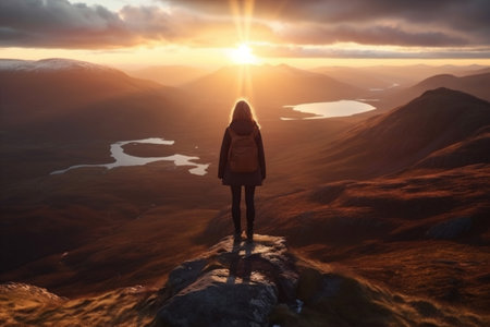 woman man back hiker nature mountain top travel backpack landscape summer adventure. Generative AI.の素材