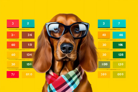 dog humor tie finance financial funny pet business yellow animal background. Generative AI.の素材