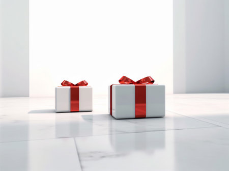 surprise present red christmas ribbon gift package white box isolated. Generative AI.の素材