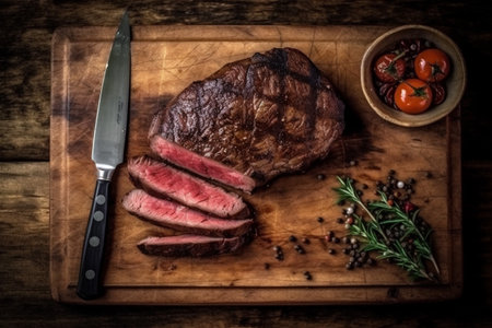background meat grill meal dark fried raw red steak beef food. Generative AI.の素材