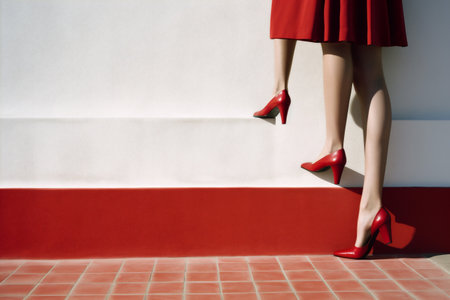 concept woman beautiful colorful fashion blue shoe leg red foot elegant. Generative AI.の素材