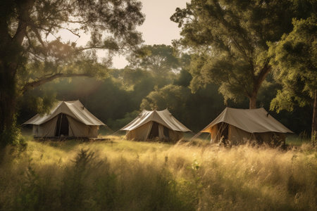 light glamping camping nature vacation forest luxury canvas tent travel. Generative AI.の素材