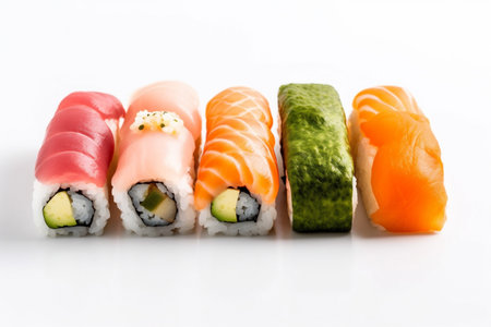 sushi white fish japanese set food seafood roll healthy rice background. Generative AI.の素材