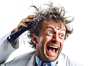 man comb white surprised hairstyle customer studio background caucasian hairdresser barber hair. Generative AI.の素材