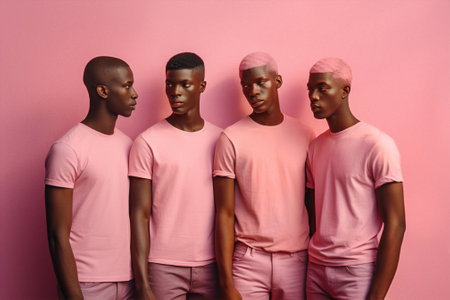 man studio fashion friends group lifestyle female black portrait pink trendy. Generative AI.の素材