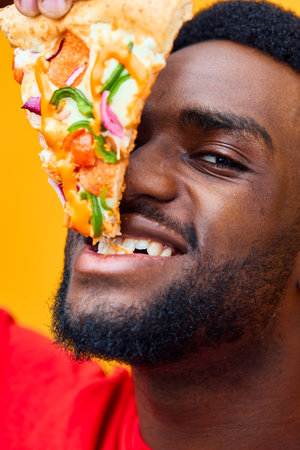 studio man smile fast guy black delivery food pizza food nutrition background happyの写真素材
