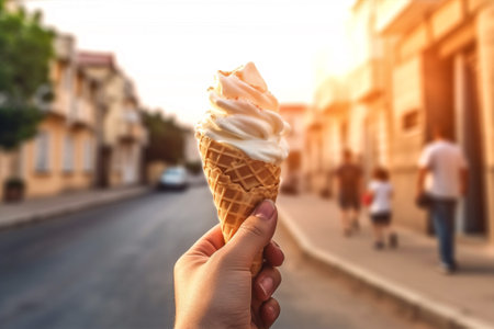 street food sweet dessert cold cone hold cream ice hand summer. Generative AI.の素材