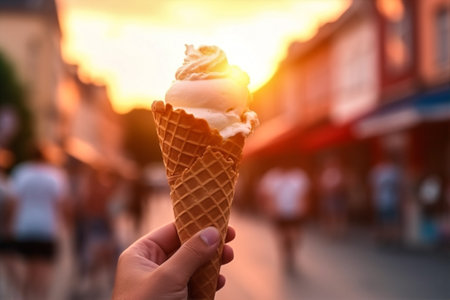 cold food ice hold cone cream summer dessert sweet street hand. Generative AI.の素材