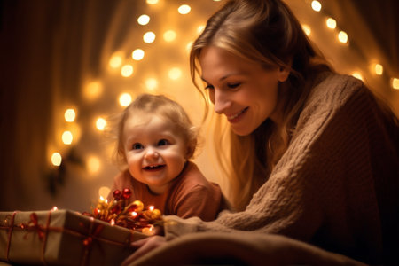 christmas kid holiday family gift lights caucasian year new present. Generative AI.の素材
