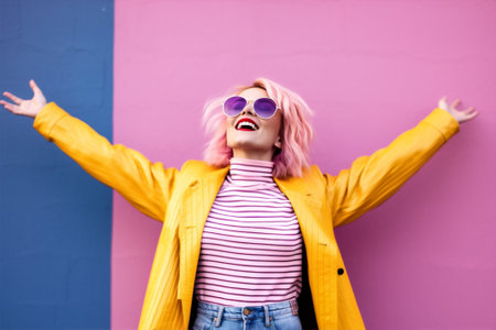 fashion woman yellow caucasian sunglasses attractive person portrait pink beauty young. Generative AI.の素材