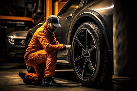 transportation man car garage vehicle auto automobile inspection tire mechanic automotive. Generative AI.の素材
