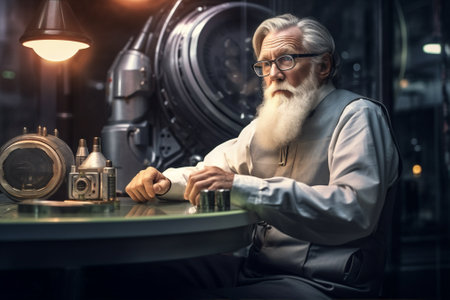 old senior family father men talking together son robot sitting apartment. Generative AI.の素材