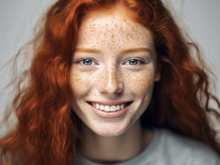 white woman model natural young face beauty closeup portrait skin freckles. Generative AI.の素材