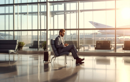 business man journey airplane holiday businessman trip traveler flight passenger airport. Generative AI.の素材