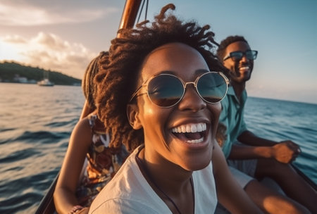 youth friends cheerful boat lifestyle trip young women happy summer yacht. Generative AI.の素材