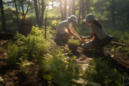 garden nature green girls family kids planting sunlight summer young. Generative AI.の素材
