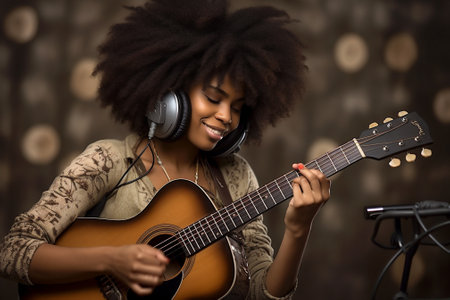 musical woman curly guitar young beauty portrait home teenager lifestyle attractive. Generative AI.の素材