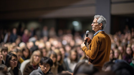 man person election women speaker conference event stage lecture speech entertainment politician. Generative AI.の素材