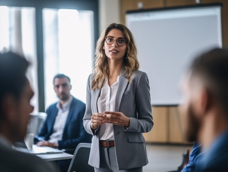 business colleague teamwork businesswoman professional meeting manager discussion group office. Generative AI.の素材