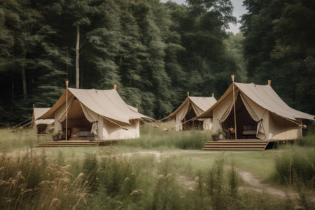 light travel vacation nature glamping forest canvas luxury camping tent. Generative AI.の素材