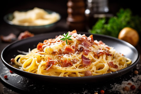 carbonara meat bacon italian spaghetti meal cheese pasta sauce food. Generative AI.の素材
