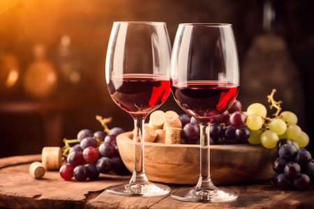 winery harvest grape drink food alcohol beverage glass wine bottle background. Generative AI.の素材