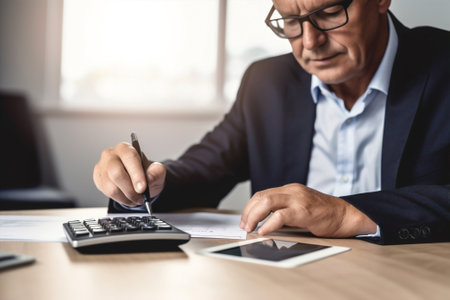 man businessman business sitting calculator caucasian manager occupation writing computer office. Generative AI.の素材