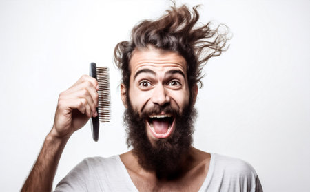 studio man comb barber white hairdresser scissor caucasian background surprised hairstyle hair. Generative AI.の素材
