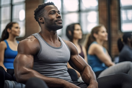 fitness lifestyles training group sport exercising gym fit healthy person. Generative AI.の素材