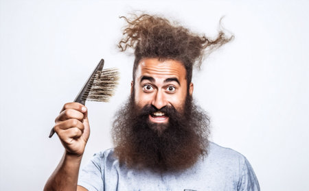 caucasian man barber studio white professional comb surprised hair hairstyle background hairdresser. Generative AI.の素材