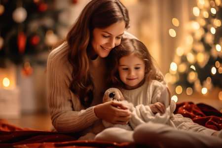 holiday family present new christmas gift caucasian lights kid year. Generative AI.の素材