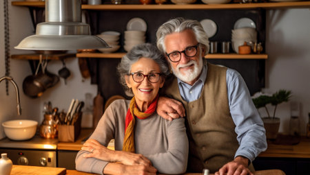 senior cafe couple retired happy together kitchen loving old elderly. Generative AI.の素材