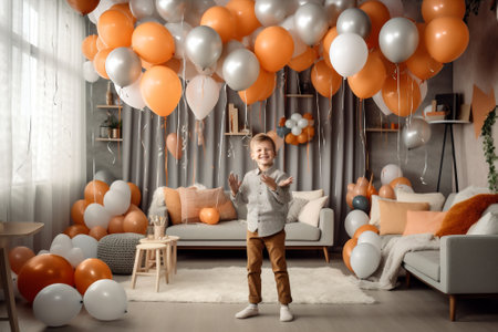 party boy childhood little blue birthday cute children kid balloon. Generative AI.の素材
