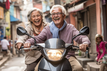 woman trip man old smile bike friends men motorcycle friendship cheerful fun outdoors. Generative AI.の素材