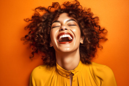 laugh young group american fun african lifestyle females friends yellow happy. Generative AI.の素材