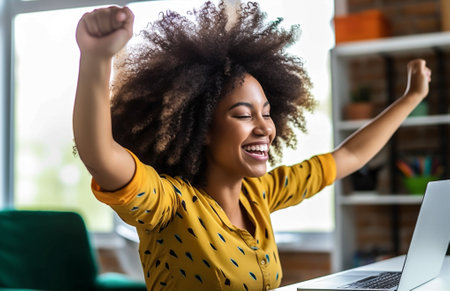 woman smile business student happy computer workplace laptop work achievement winner. Generative AI.の素材