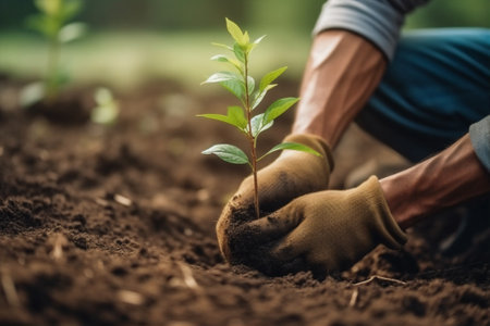 spring agriculture growth green nature hand tree planting leaf gardening. Generative AI.の素材