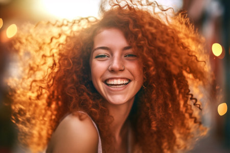 attractive woman young beauty portrait face hair freckles happy smile red. Generative AI.の素材