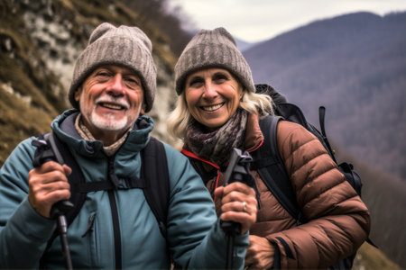 nordic woman man couple tourist old leisure outdoors lifestyle nature caucasian backpack. Generative AI.の素材