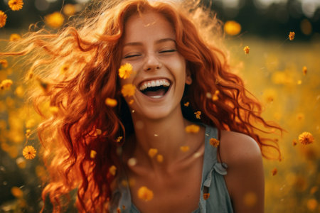 face woman happy portrait freckles hair smile young beauty red happiness. Generative AI.の素材