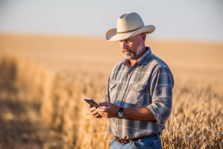 summer man field wheat crop farming farmer technology agricultural tablet nature. Generative AI.の素材