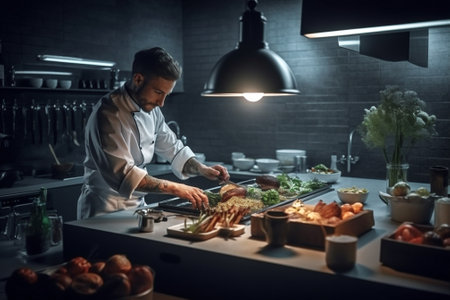 man kitchen caucasian portrait food service entrepreneur standing chef apron restaurant. Generative AI.の素材