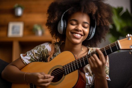 woman teenager guitar attractive young portrait lifestyle musical home guitarist beauty. Generative AI.の素材