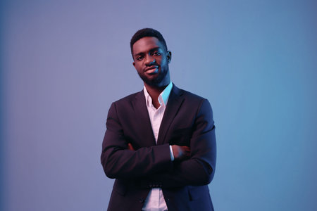 neon man model color art businessman portrait expression african light studioの写真素材