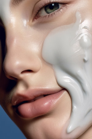 up woman skin face beauty portrait mask young adult close care facial skin clean. Generative AI.の素材